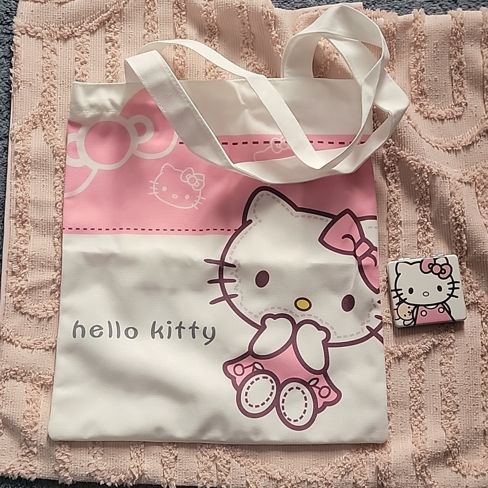 Hello Kitty Canvas Bag and pocket mirror,  large capacity, pink and white, NWOT.